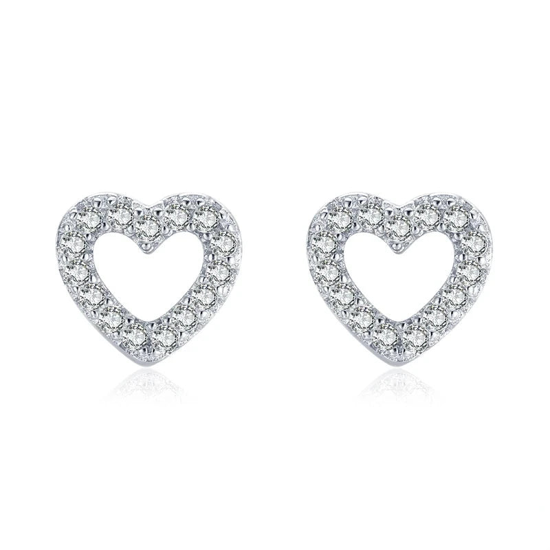 Authentic 925 Sterling Silver Stud Earrings for Women ,Romantic Heart Earrings with Shiny Clear CZ