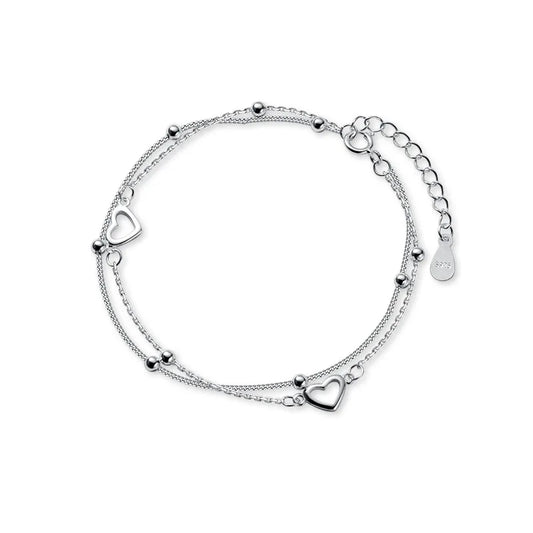 925 sterling silver double love heart hollow beads bracelet. Adjustable, romantic & classic