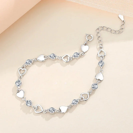 925 sterling silver heart-shaped bracelet with zircon accents. Perfect for women, retro Korean style.