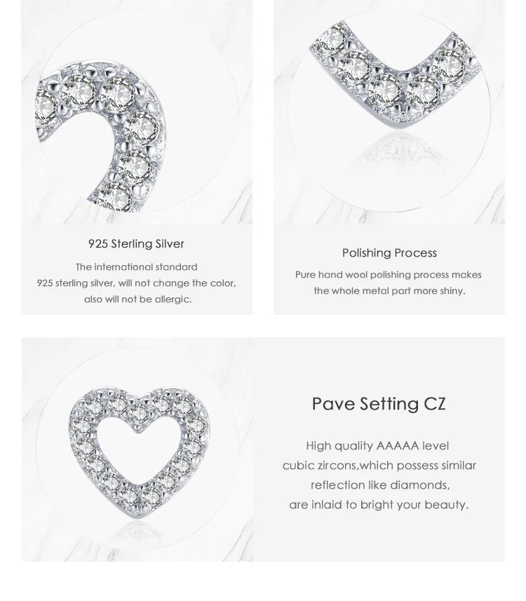 Authentic 925 Sterling Silver Stud Earrings for Women ,Romantic Heart Earrings with Shiny Clear CZ